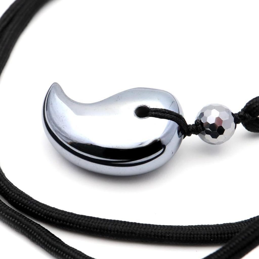 [GOLD STONE] Terahertz Ore Magatama String Necklace with 8mm Beads, Health Amulet, Terahertz Power Stone, Natural Stone Pendant