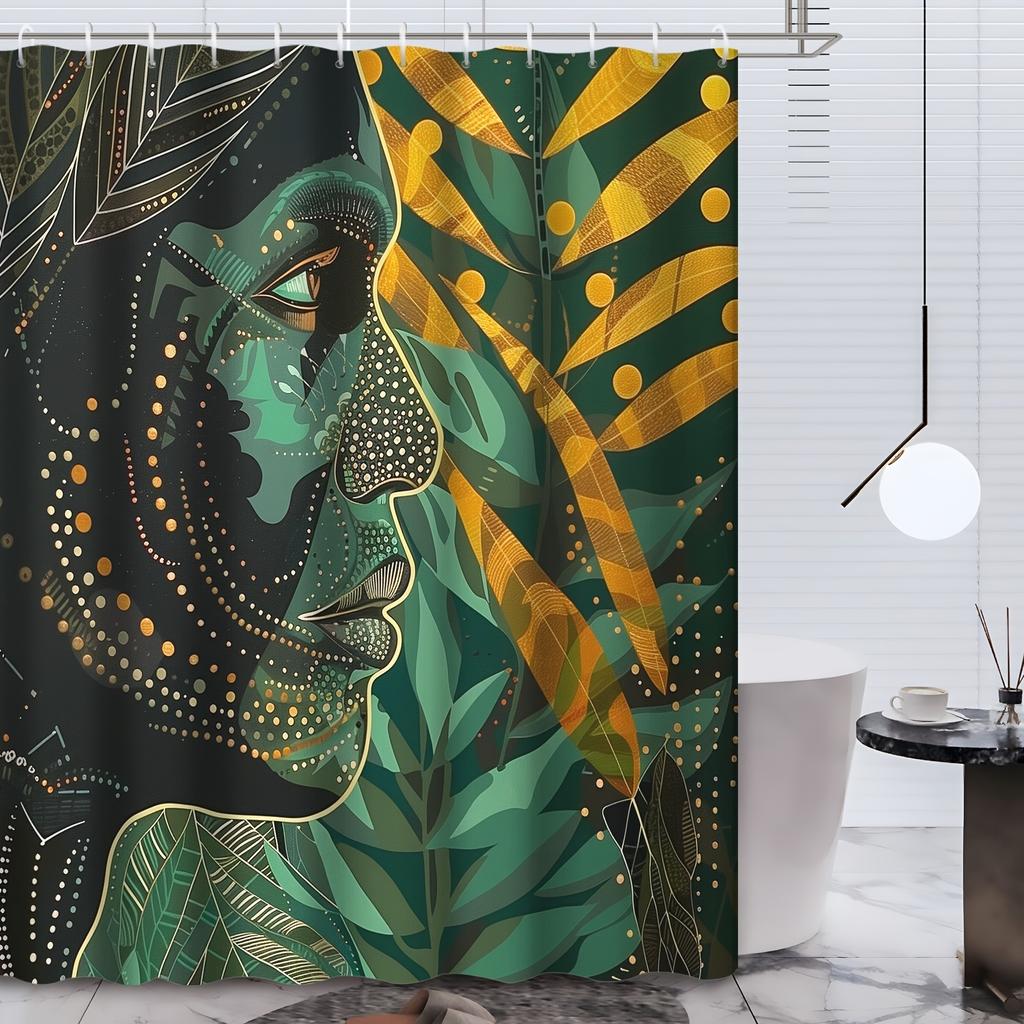 Creative Abstract Geometric Green Theme Figure Bohemian Vintage Gold Green Plants Pattern Shower Curtain With Hooks