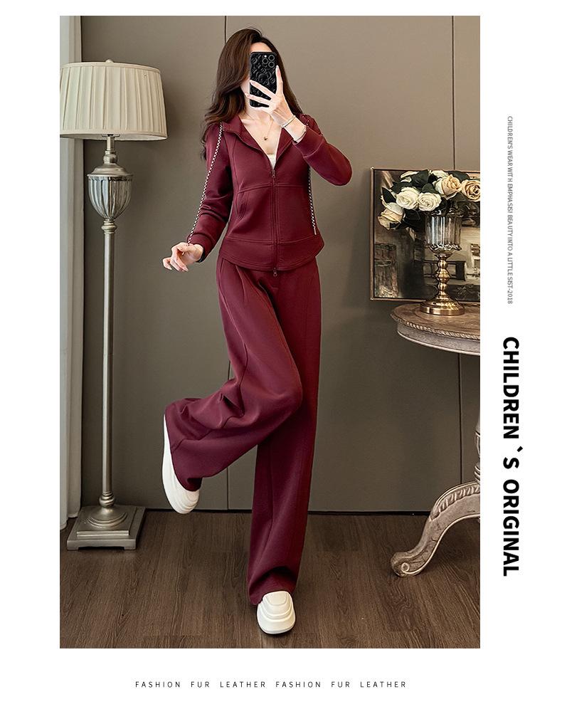 Spring Casual Fashion Set: Women's Korean-Style Zipper Cardigan Hoodie with Wide-Leg Pants, Two-Piece Set