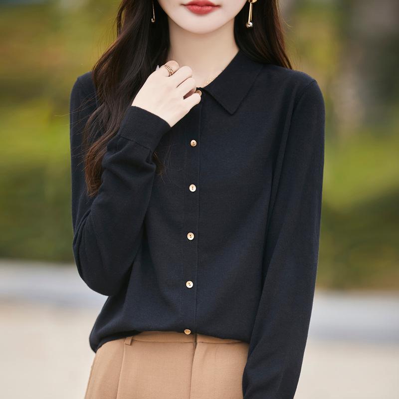 Polo Collar Knitted Cardigan: Slim Fit, Solid Color, Versatile for Spring & Autumn Women's Business Casual Wear