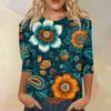 Women's Fashion Casual Round Neck Three-quarter Sleeve Retro Floral Print T-shirt Top