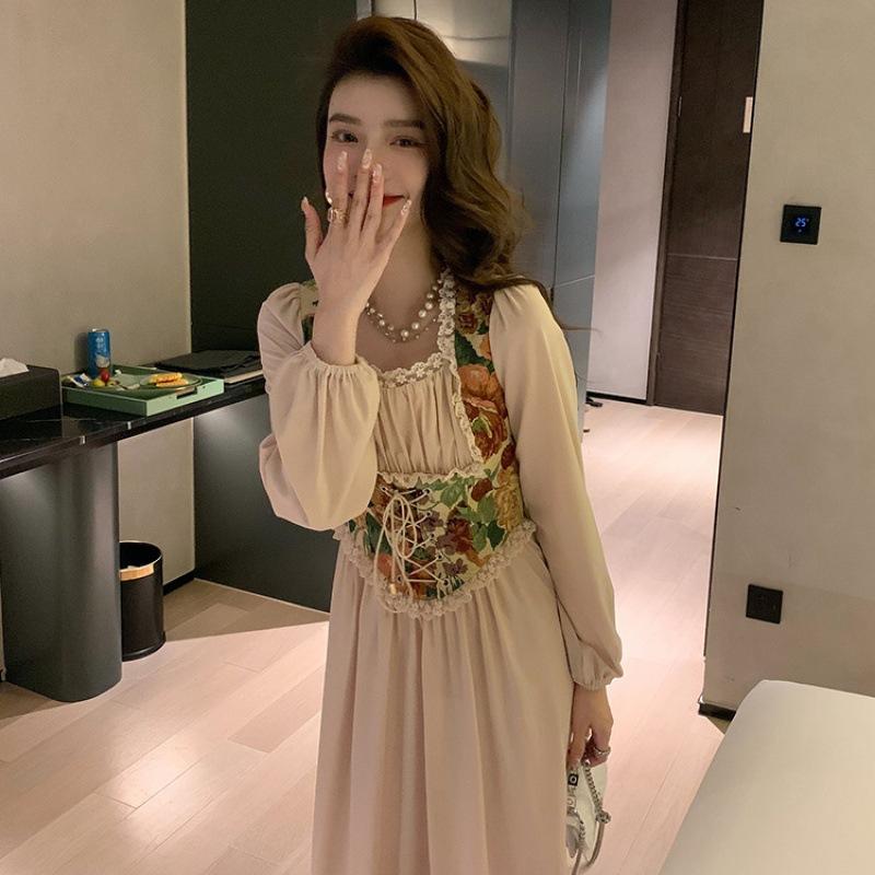 New atmosphere wear heavy industry embroidery fake two-piece dress women's autumn wear with lining