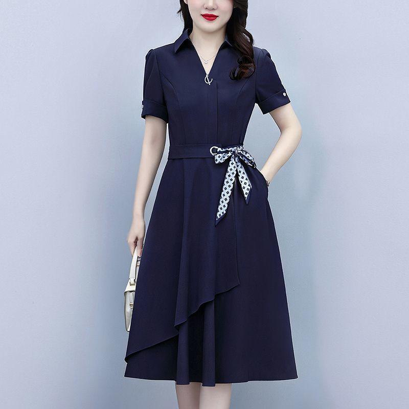 Summer Women's Dresses with Short Sleeves Solid Color Slimming and Covering Belly