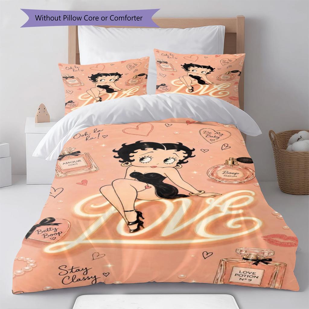 Betty Boop Pattern Bedding Set Quilt Cover Pillowcase Home Decor Gift (1 * Duvet Cover + 2 * Pillowcase, Without Core)