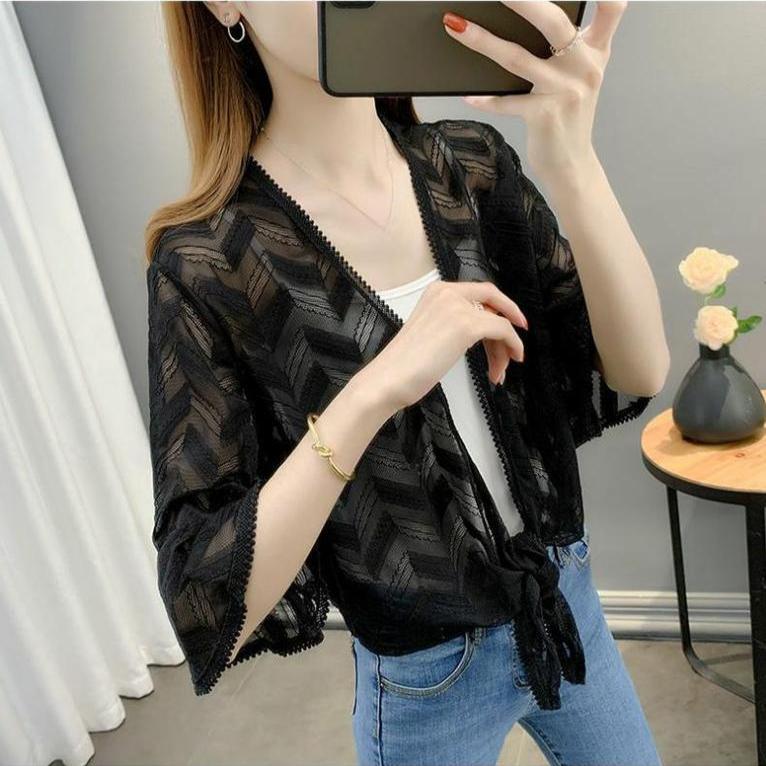 Hollow Out Chiffon Cardigan Sunscreen Jacket for Summer Paired with Lace Thin Outerwear Women's Shawl