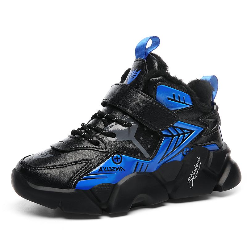 Jungen Schuhe High Top Neue Leder Wasserdicht Sportschuhe Herbst und Winter Kinder Mit Kaschmir Warm Rutschfest Blaue Ballschuhe