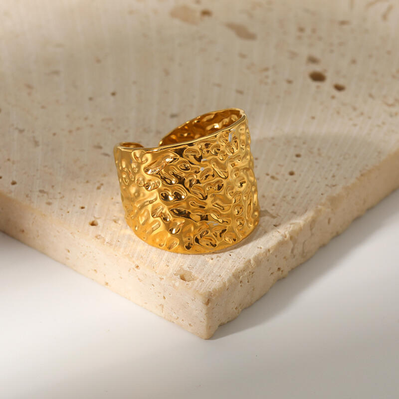 Punk Hammer Patterned Wide Edged Adjustable Opening Rings for Women Gold Color Stainless Steel Rings Party Jewelry Gifts