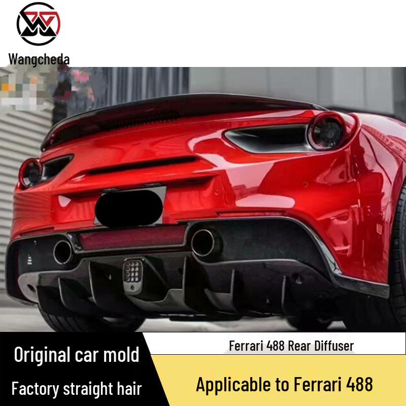 Designed for Ferrari 488: Carbon Fiber Rear Lip Spoiler and Lower Bumper N Body Kit Options.