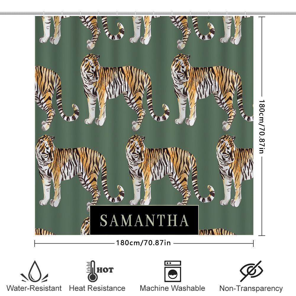Stylish Tiger Print Shower Curtain for Bathroom Decor Personalized Custom Name Adding Green Background Pattern Home Decoration.