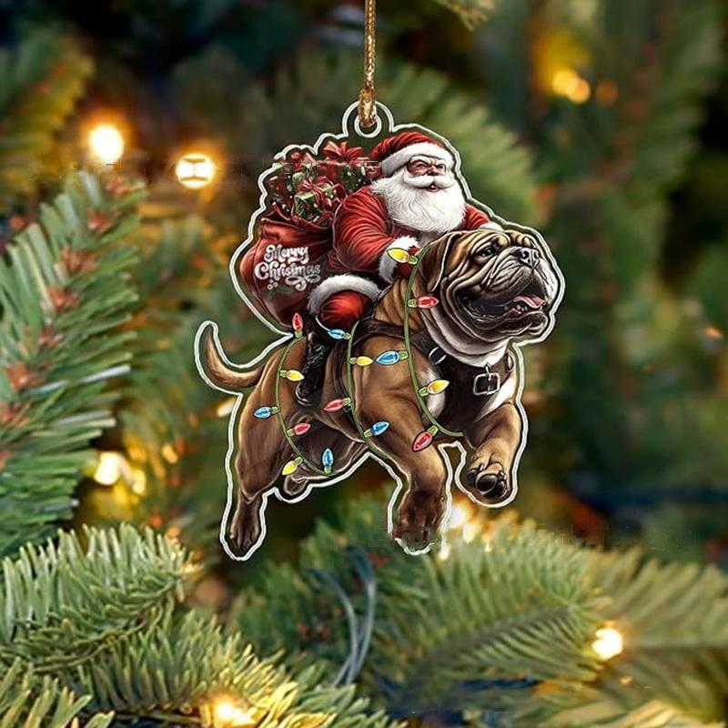 2026 Santa Claus And His Funny Dog Ornament 2D Flat Acrylic Pendant Christmas Decoration For Home Xmas Tree  Year Kerst