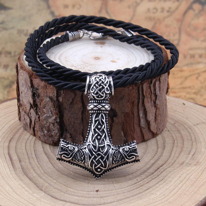 

Huge Wolf Thor Hammer Necklace Mjolnir Viking Amulet Pendant Norse Jewelry with Steel Chain no box&50cm