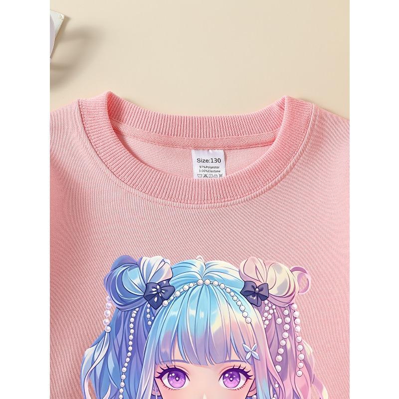 Kids Sweatshirt ,Crew Neck Fashion Top, Fun "Anime Girl Bubble Tea" Patterned Sweatshirt, for Everyday Casual Wear, for All Kinds of Daily Outfits