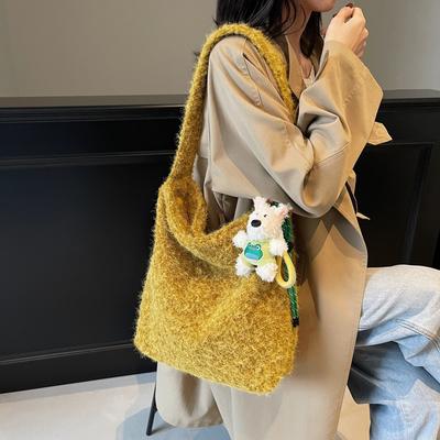Autumn and Winter Woolen Messenger Bag Women's New Fashion Bucket Bag Casual Simple Shoulder Bag Plush Bag