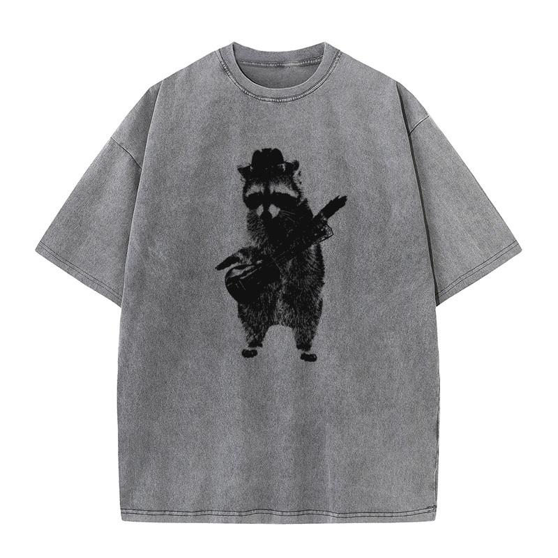 Raccoon Playing The Guitar Tops Tees Discount Crewneck Geek Short Sleeve All Cotton Male Washed T Shirt Slogan Washed Tees