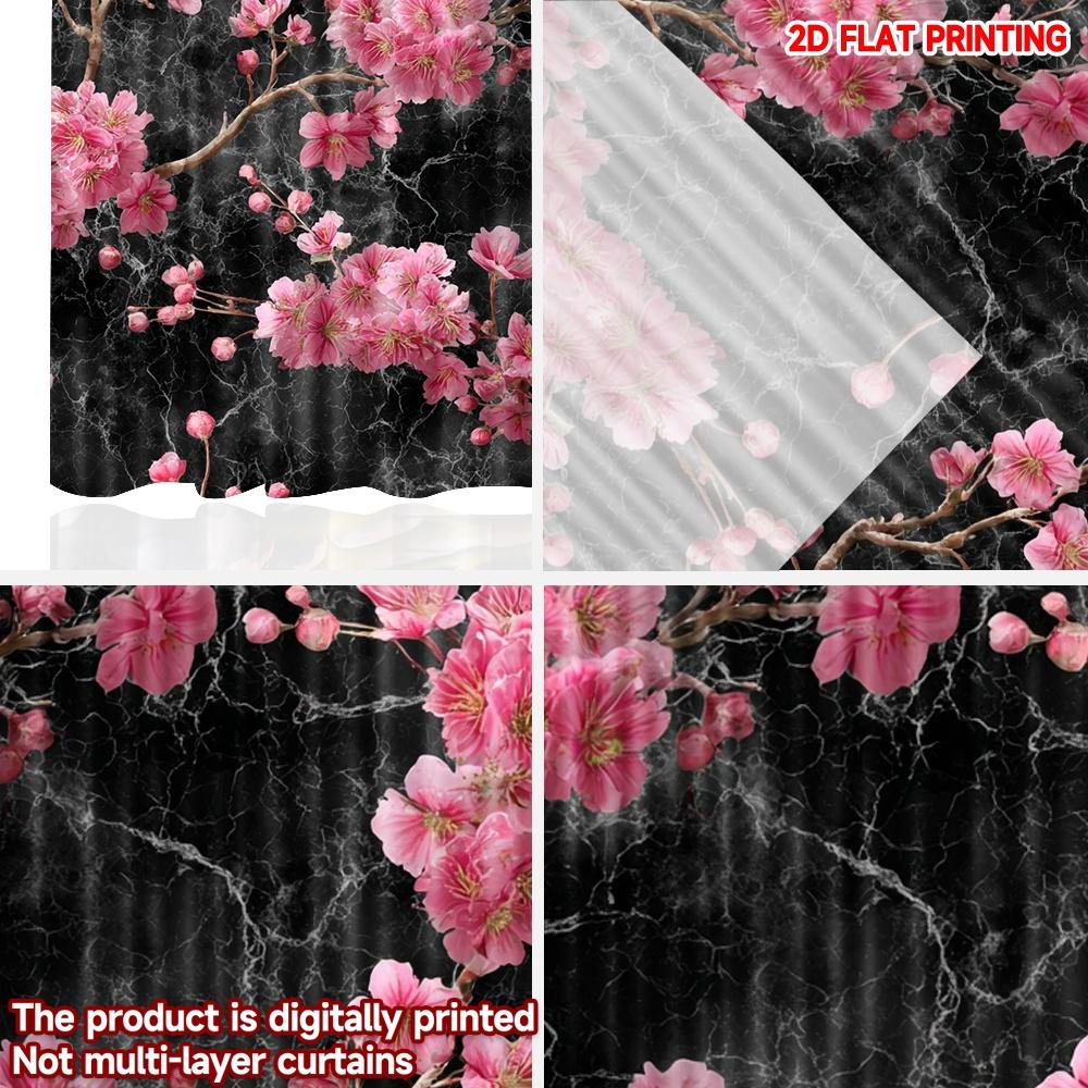 2pcs Cherry Blossom Curtains Pink Flowers with Detailed Stamens on Dark Marble Background for Elegant Bedroom Decor