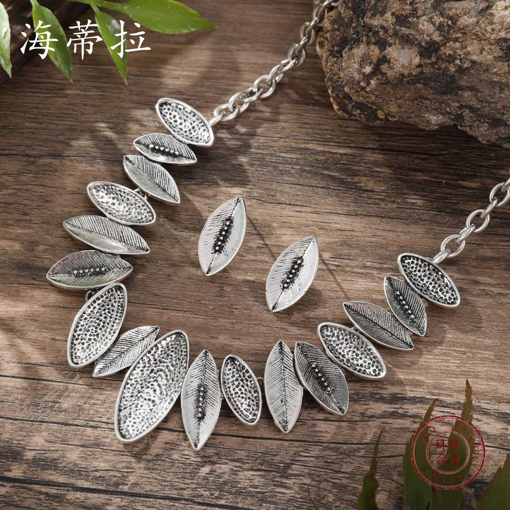 New antique silver leaf stud earrings necklace set, retro punk petal personalized stud earrings necklace set