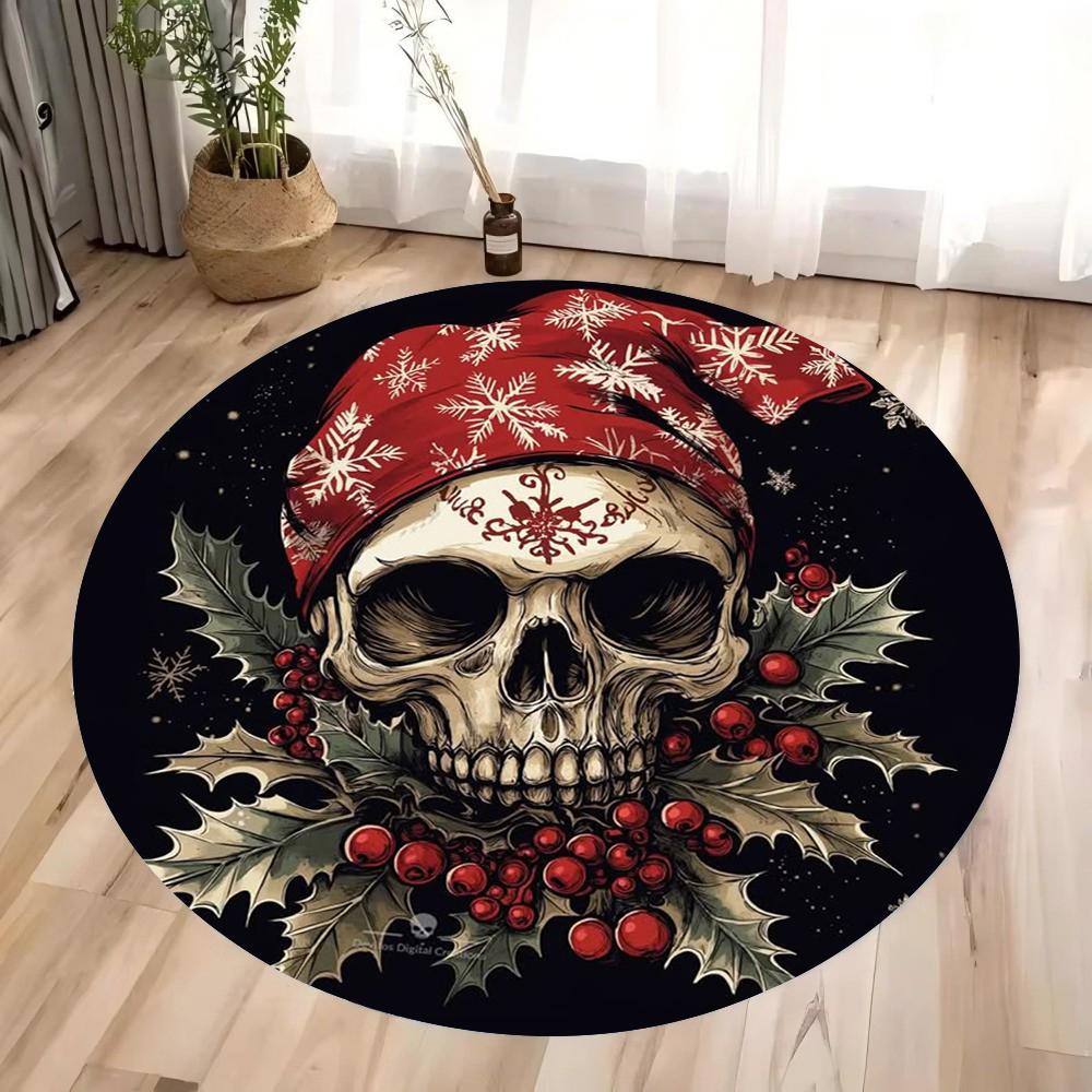 Halloween Terrifying Rose Skull Round Carpet Gothic Rose Carpet Bedroom Living Room Decoration Halloween Gift