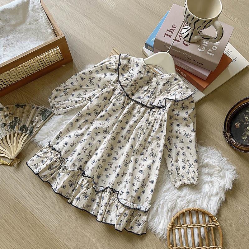 Süßes Blumen-Prinzessinnenkleid für Mädchen mit Peter-Pan-Kragen, langen Ärmeln, Herbstkollektion