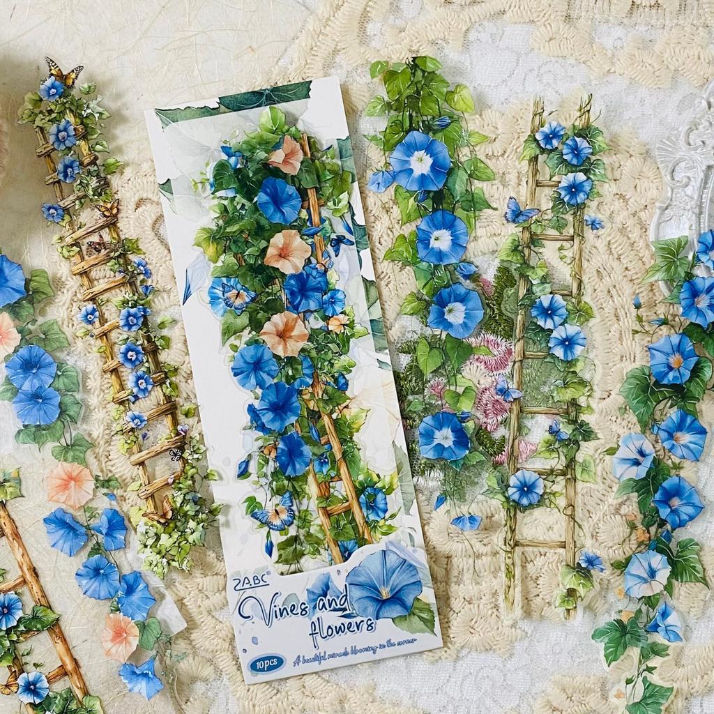 10pcs Vintage Transparent Flower Ladder Stickers for Scrapbooking PET Scrapbook Sticker for Journaling Card Making Album Decor