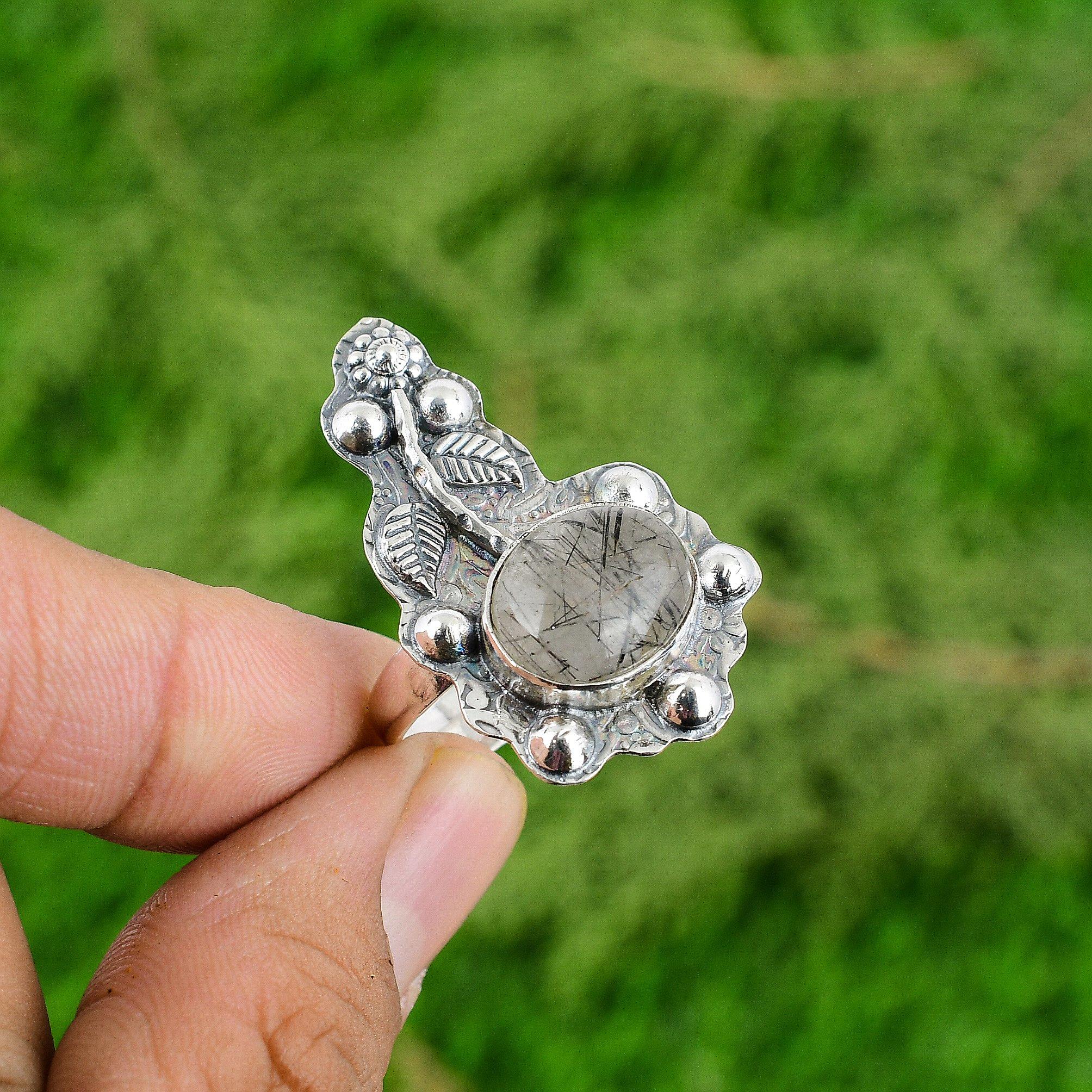 

Gift For Women Statement Flower Adjustable Ring 925 Silver Natural Black Rutile Adjustable