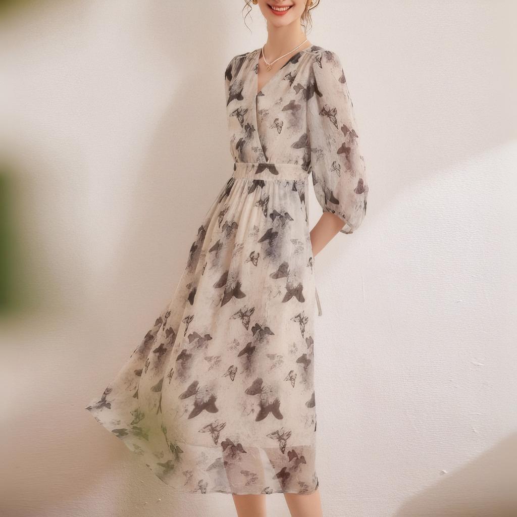 Nové jarní a letní ženské tištěné splývavé dlouhé sukně s výstřihem do V tenké dámské šaty s tříčtvrtečním rukávem