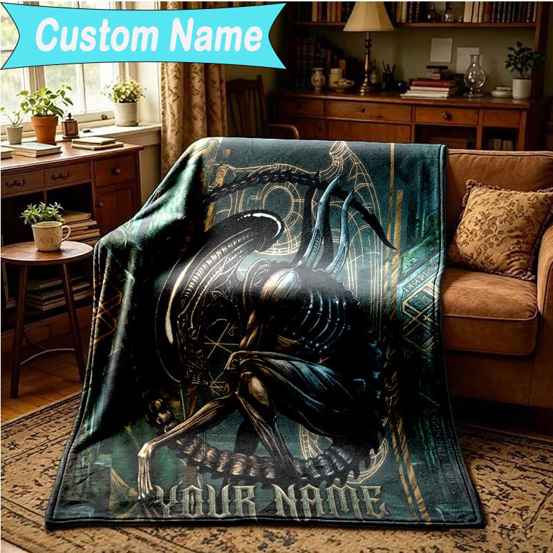 1PC Custom Name Blanket Alien Artwork Flannel Blankets Patterns Throw Blanket All-Season Soft Gift for Couch, Bed, Camping, Birthday Gifts