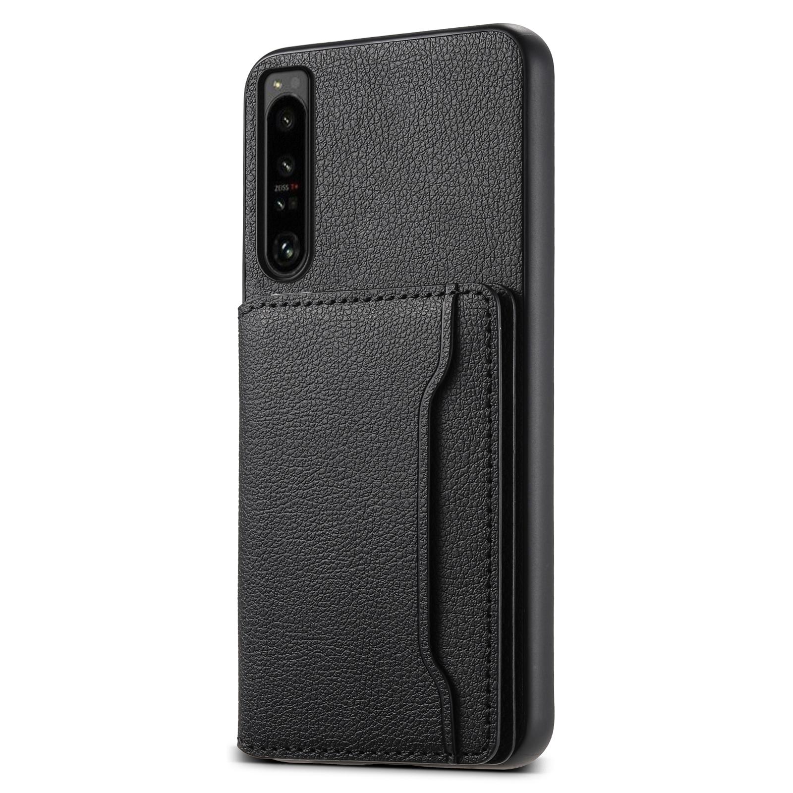 

For Sony Xperia 1 IV 5G Back Case PU Leather Calf Texture Card Slots Phone Cover Black