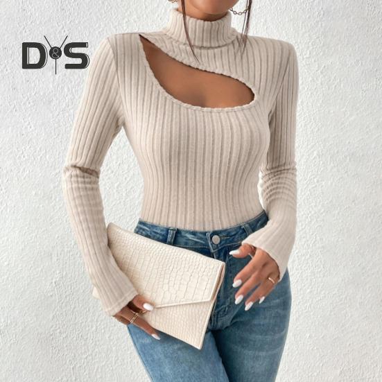 

Осенне-зимний топ с высоким воротником, однотонный вязаный эластичный эластичный пуловер в полоску с длинными рукавами, приталенный пуловер, мягкий повседневный женский свитер M абрикосовый