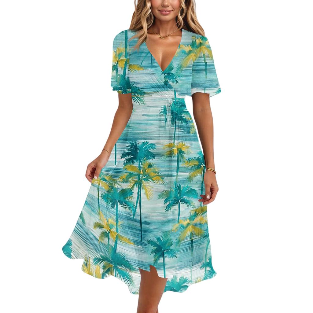Women V Neck Short Sleeve Casual Dress Retro Floral Print Midi Dress Lightweight Summer Dress with Flared Skirt