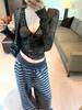 Women's Autumn Lace-up V-neck Lace Black Top - Slim Fit, Waist-cinching, Chic Long Sleeve