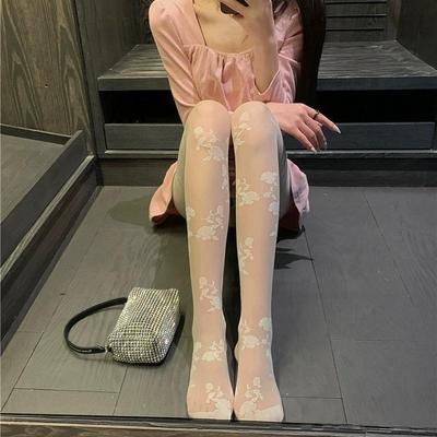 2024 Embroidered Rose Stockings - White Flower Lace Silk Pantyhose for Spring & Autumn