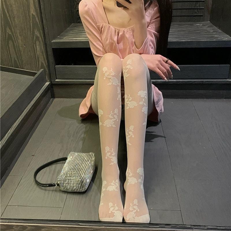 2024 Embroidered Rose Stockings - White Flower Lace Silk Pantyhose for Spring & Autumn