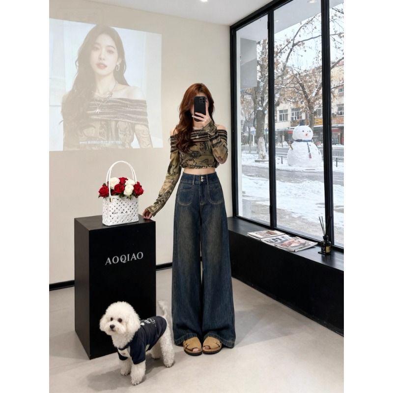 Samtige Verdickte Weitbeinige Jeans: Damen High-Waist Retro Birnenform Hose für Herbst/Winter 2025