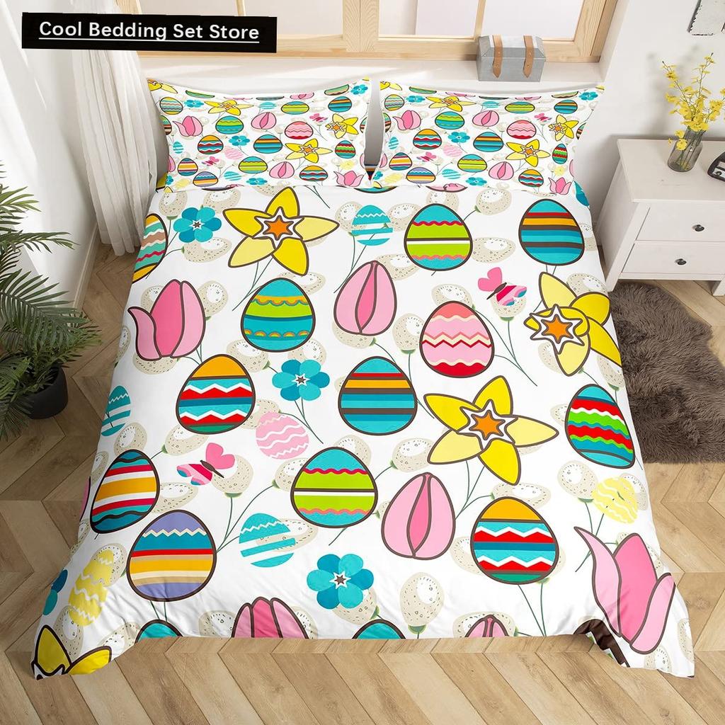 Watercolor Easter Eggs King Queen Bedding Set Happy Easter Themed Duvet Cover Toddlers Rainbow Easter Egg Polyester Quilt Cover