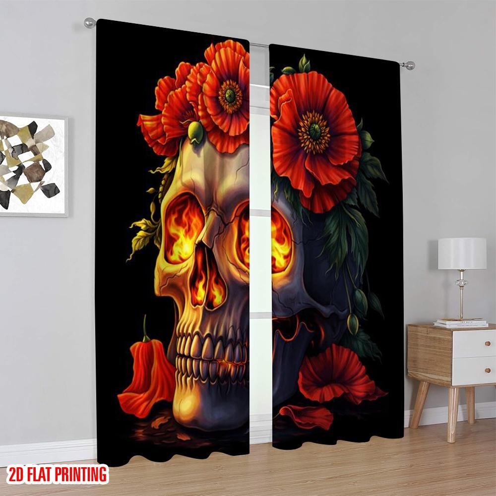 2D flat printing 2pcs Curtain Curtain Day of the Dead Fiery Skull Digital Printed Polyester Drapes Family Party Decoration