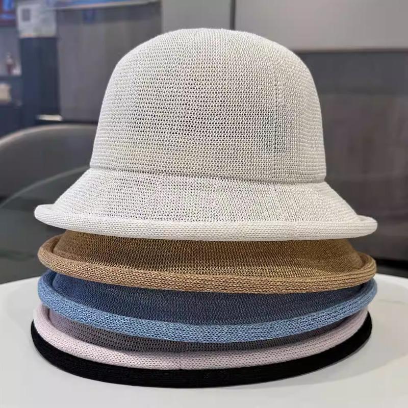 Koreanischer Stil Frühes Frühjahr Japanisches Papier Eimerhut Damen Lässig Gestrickt Aufgerollter Rand Beckenhut Sonnenschutz Visierhut