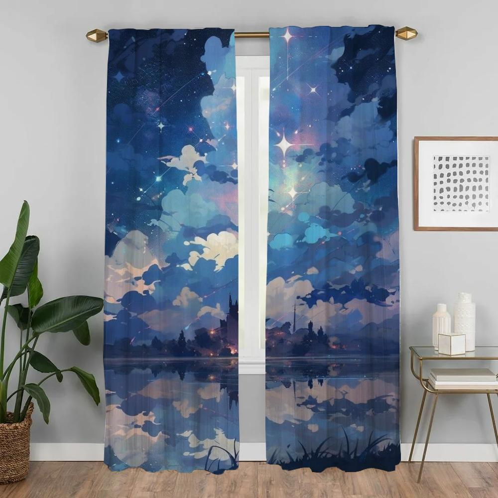 Home Interior Curtains for Living Room Curtain Sky and Ocean Shades Anti-mosquito Curtains 2 Pieces Tulle for Bedroom Partition