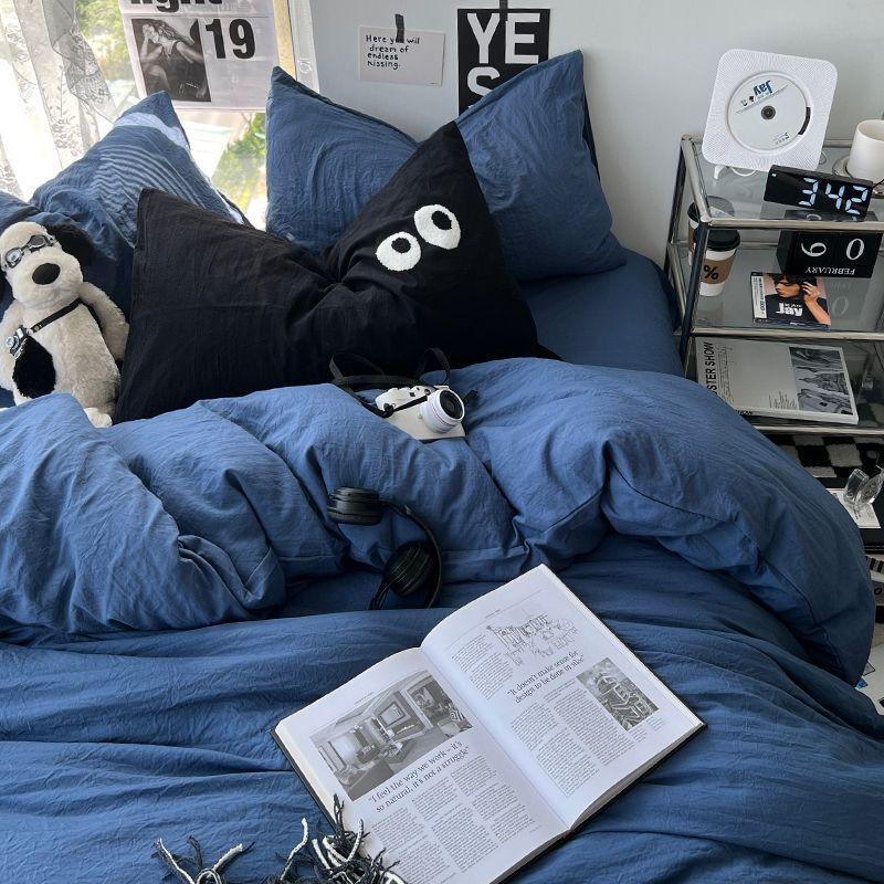Ins  Big Eyes Cowboy Blue Solid Color Beding Set  Duvet Cover Bed Sheet Simple Dormitory Queen King Size