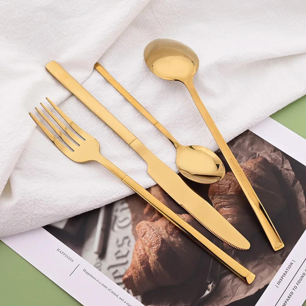 24Pcs Western Gold Dinnerware Set Knife Fork Coffee Spoon Cutlery Set Stainless Steel Flatware Kitchen Silverware Tableware