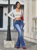 Women's Versatile Dark Blue Casual Denim Jeans, Micro-Flare, Elastic Mid-Waist, European & American Style, All-Season 2026