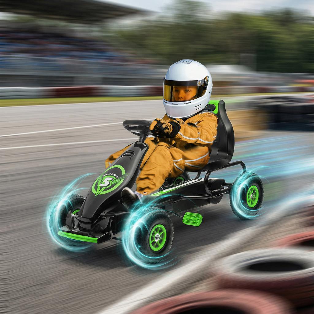 Kids Pedal Go Kart, with Adjustable Seat, Inflatable Tyres - Green