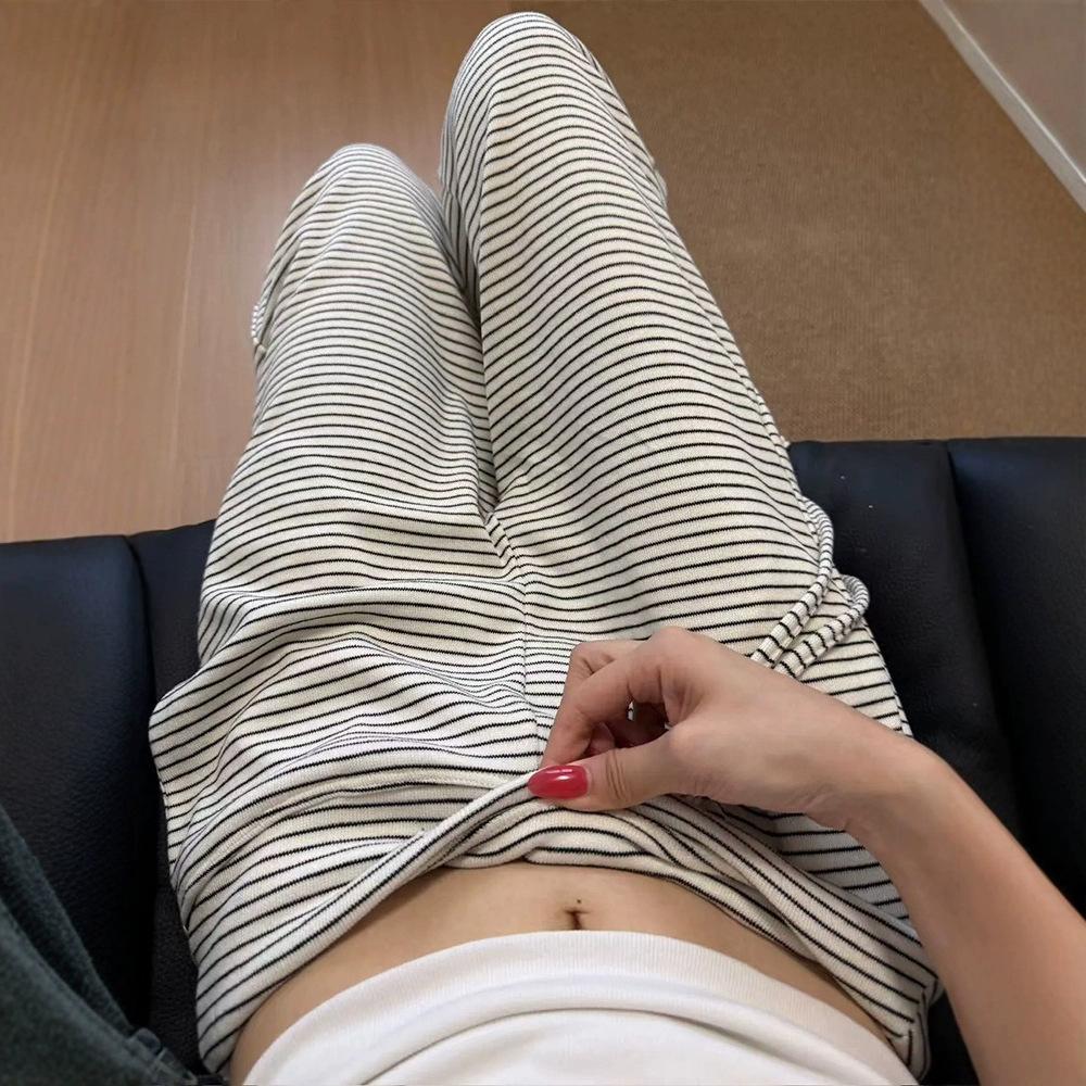 Wide Waist Thin Stripe Glutinous Rice Pants Women Autumn Lazy Style High Waist Loose Straight Leg Casual Wide Leg Trousers