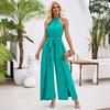 Women Summer Casual Solid Color Sleeveless Halter Jumpsuit Loose High Waist Belt Wide Leg Pants Jumpsuits S-XL