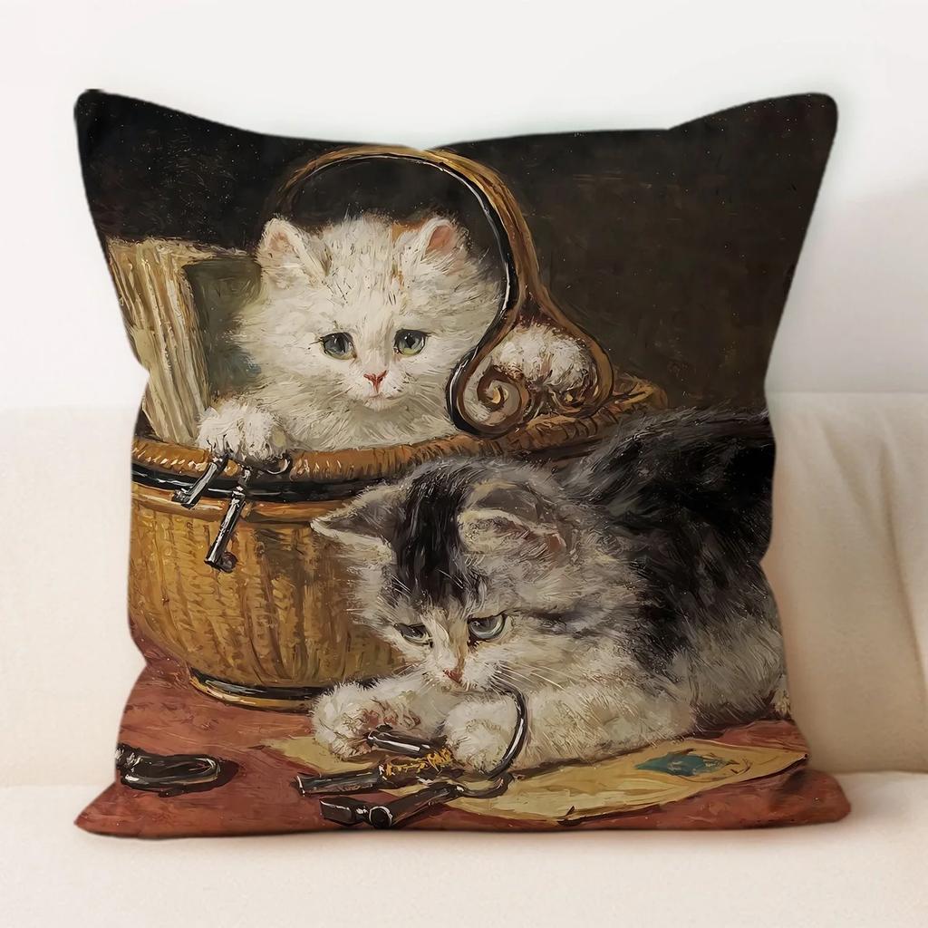 Oil Painting Cat Cat Picture Pillowcase Living Room Sofa Cushion Cover Bedside Pillow Pillowcase Home Decoration