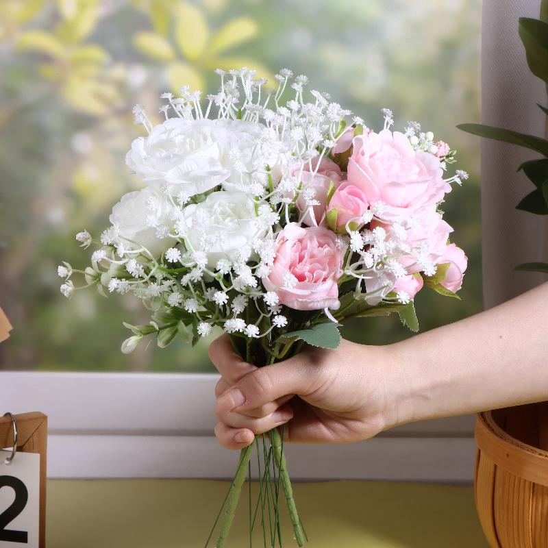 Artificial Rose and Gypsophila Set Lifelike Faux Flower Bridal Hand Bouquet for Wedding Prop Party Event Decor