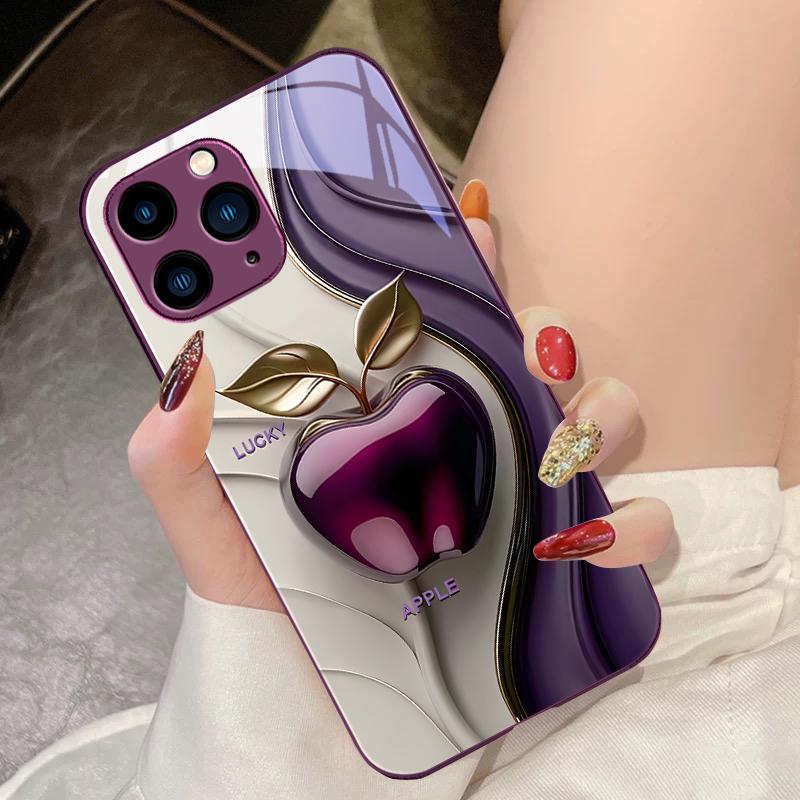 

Щасливе чорне яблуко для iPhone 16e 16 E 16ProMax 15 Pro Max 14 13 12 Mini 11 XS Max XR 7 8 Plus SE 2022 Загартоване скло Чохол для телефону For iPhone 16 Pro