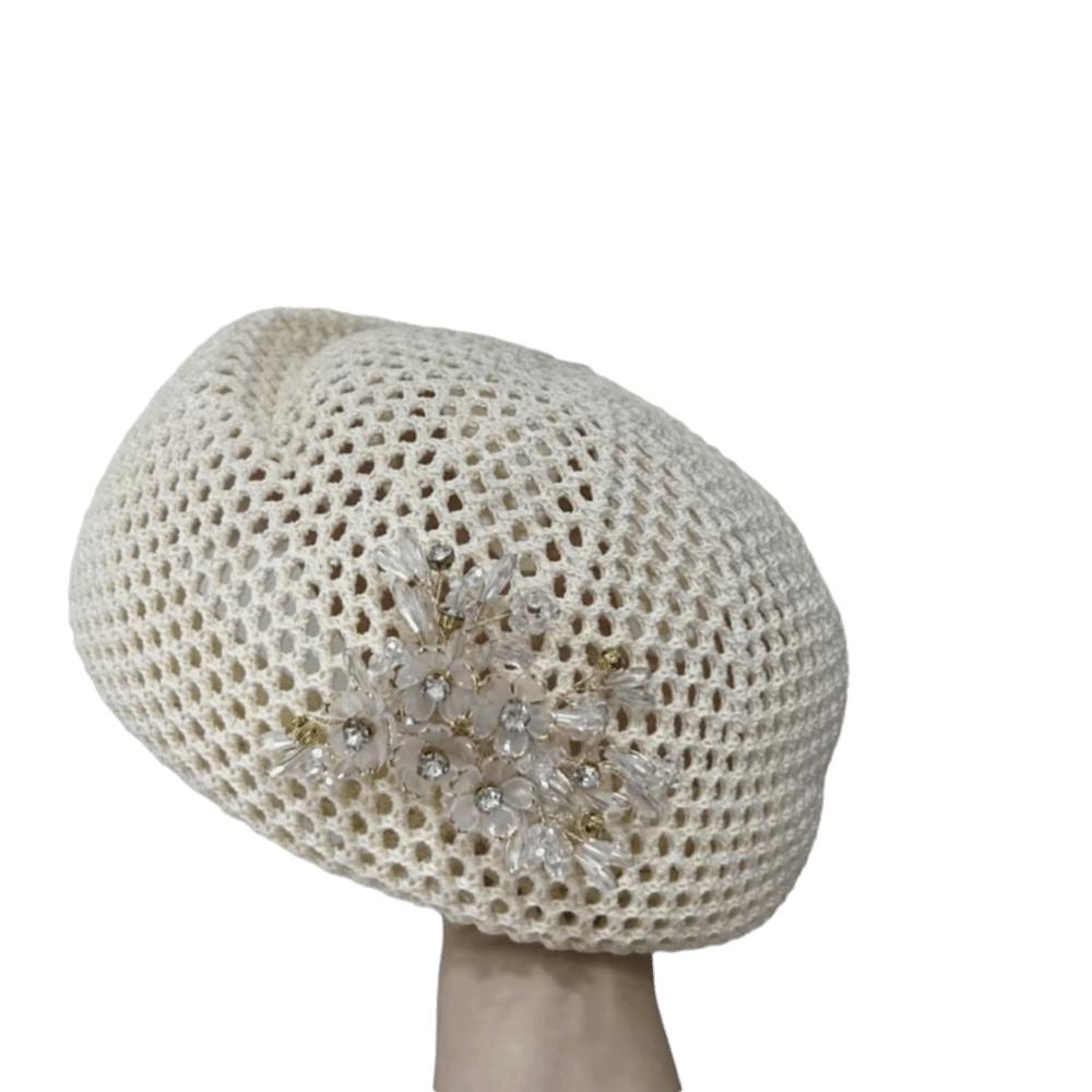 Korean Floral Painter hat French Women Knit Fabric Cap Versatile Hollow Out Beret Spring