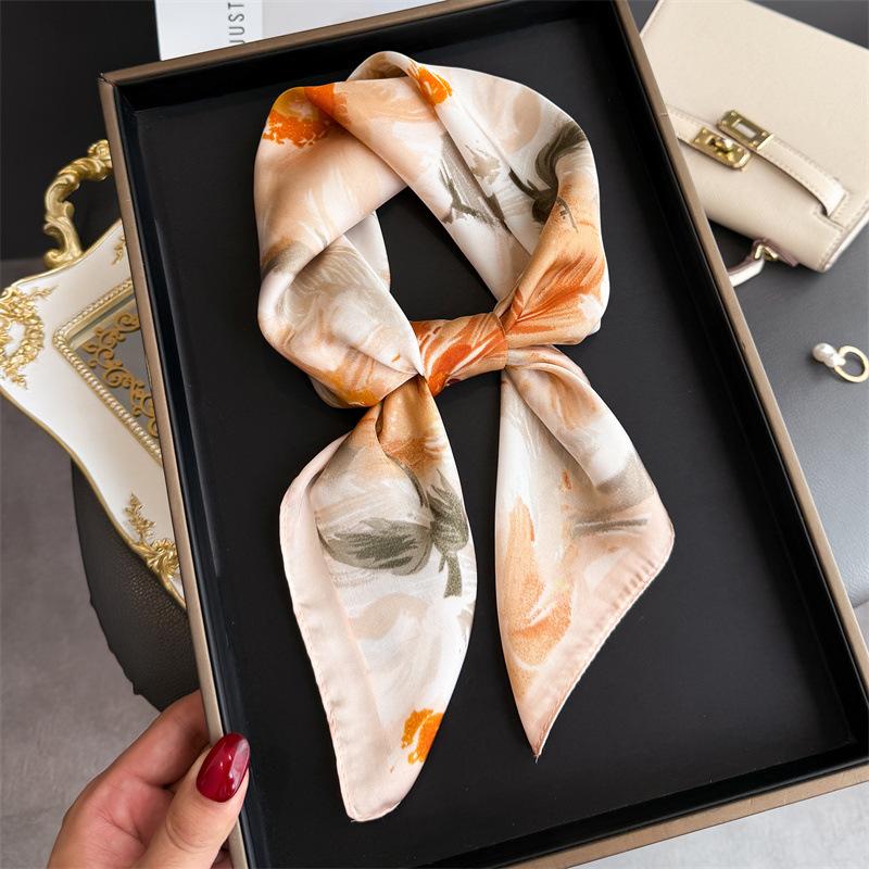 Luxury Floral Print Square Scarf Women Soft Satin Hairband Neckerchief Office Hijab Headband Foulard Bag Ribbons Gift