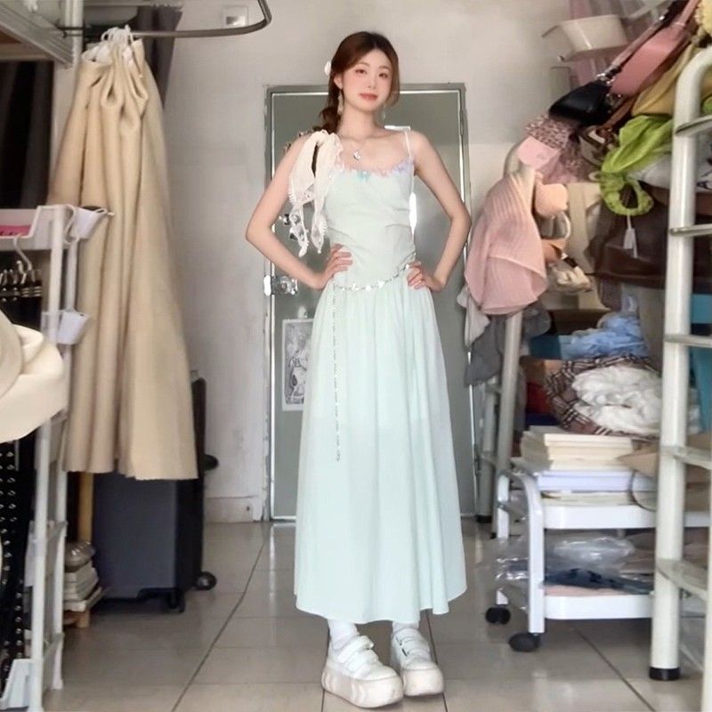 Yunnan Travel Wear Women's Clothing Mint Green Suspender Dress Vacation Style Waist Backless Temperament Long Dress Summer