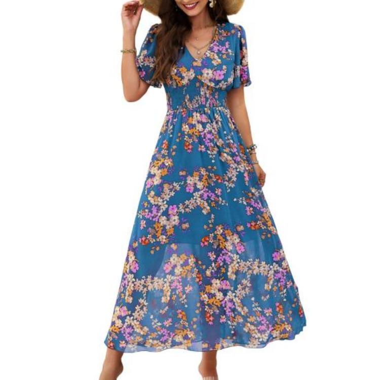 Boho Floralprint Maxikleid für Damen Sommer Strandsonnenkleid mit tiefem V-Ausschnitt Rüschenkurzarm Chiffon Langes Freizeitkleid